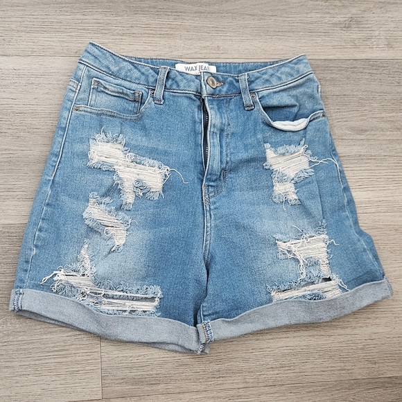 Wax Jean Pants - Wax Jean Women's Blue Distressed Denim Shorts